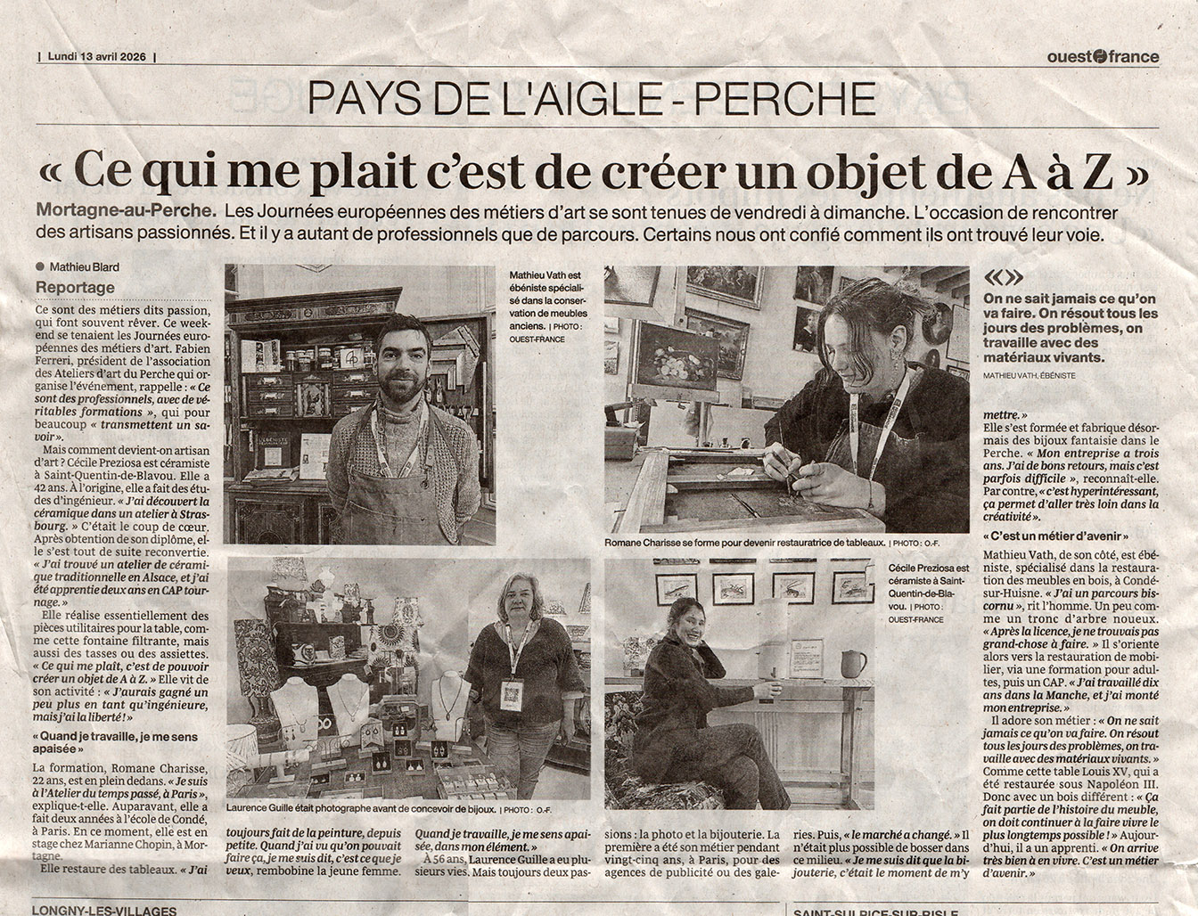 Journal Ouest France, 13 avril 2026, JEMA 2026 à Moratagne-au-Perche